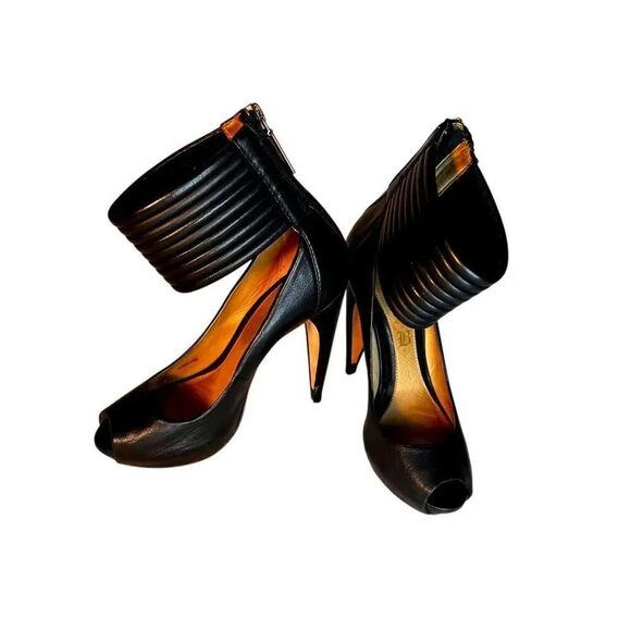 L.A.M.B. Shoes - L.A.M.B. LAMB Black Leather Cuff Stilettos Peep Toe Heels Y2K Designer Size 6M